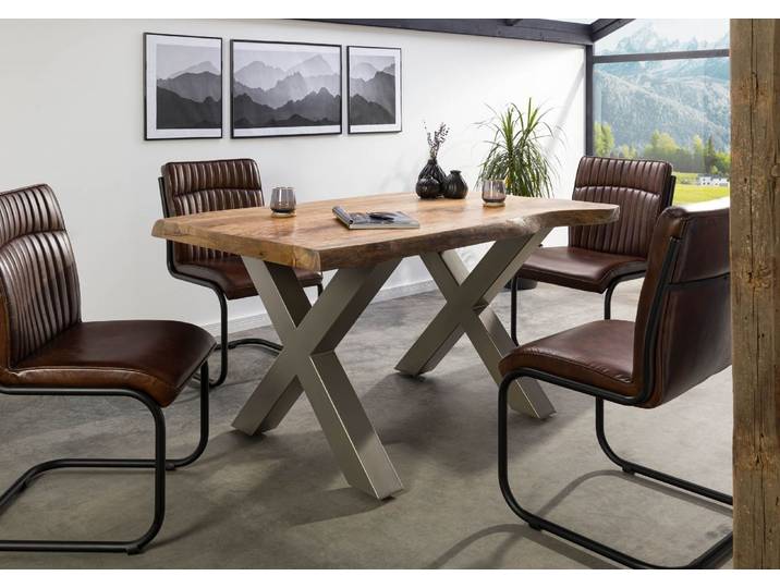 Baumtisch Mango 140x90x77 natur lackiert / X-Beine silber matt FREEFORM 5