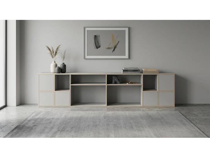 Breites Sideboard in Multiplex-Optik Premium Dekore Grau Multiplex Kante