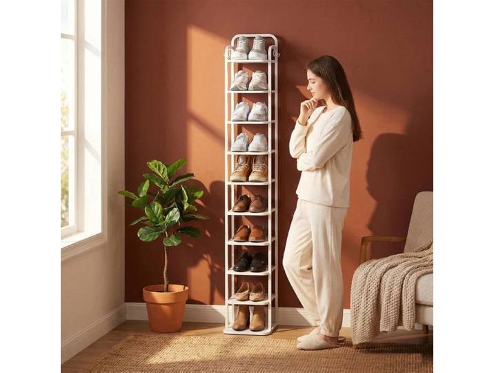 Étagère à Chaussures Verticale à 10 Niveaux Gain de Place Blanc