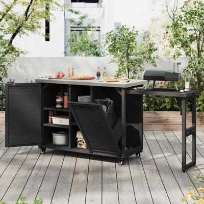 Ostweer "78.3"" Outdoor Kitchen Island with Foldable Grill Table, Black Grill Cart Bar Cart with Trash Can Storage"
