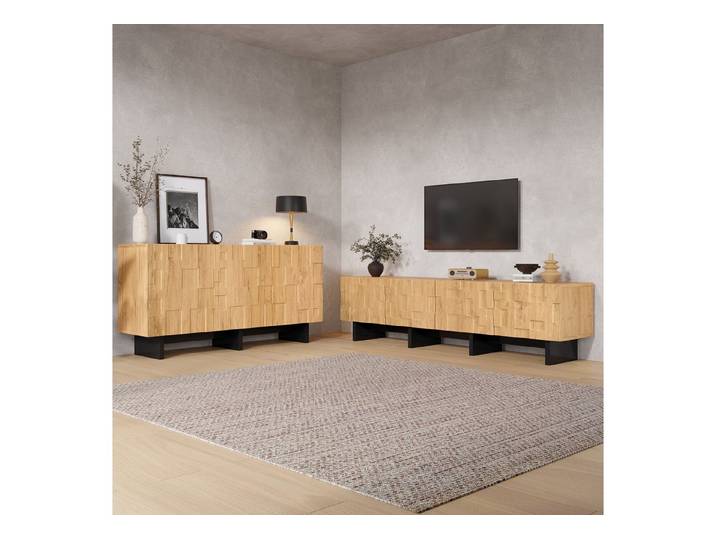 Odikalo Wohnzimmer-Set Sideboard+TV-Schrank mit Waffelmuster Schranktüren keine Griffe, (Sideboard (140x40x70cm) 3 Schranktüren 5 Staufächer + TV-Schrank(180x38.5x45cm) 4 Schranktüren 4 Staufächer schwarze Halterungen)