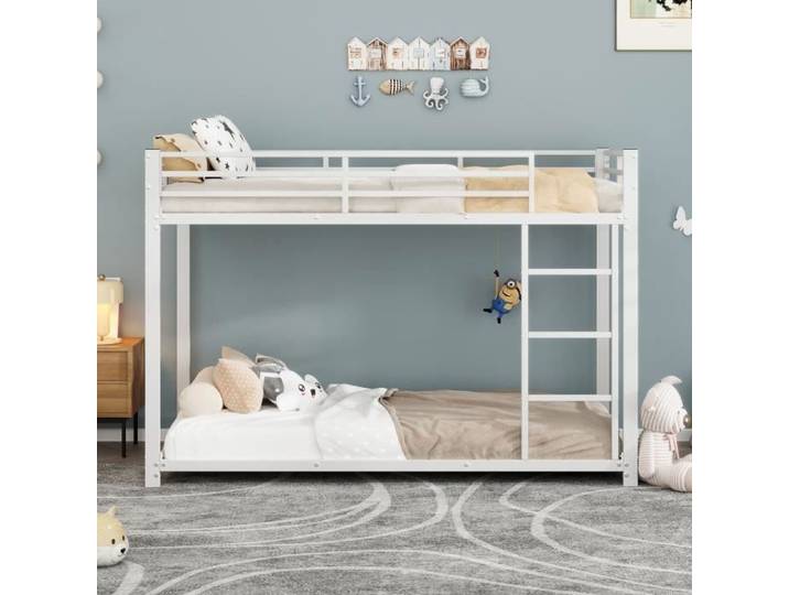 Lit superposé enfant - Métal - 90x200 cm - Blanc - Barrières de sécurité - 2 places