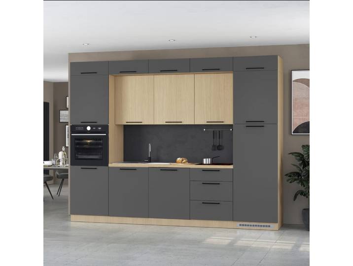 Cuisine complète effet bois anthracite mat/chêne 300x60x232cm