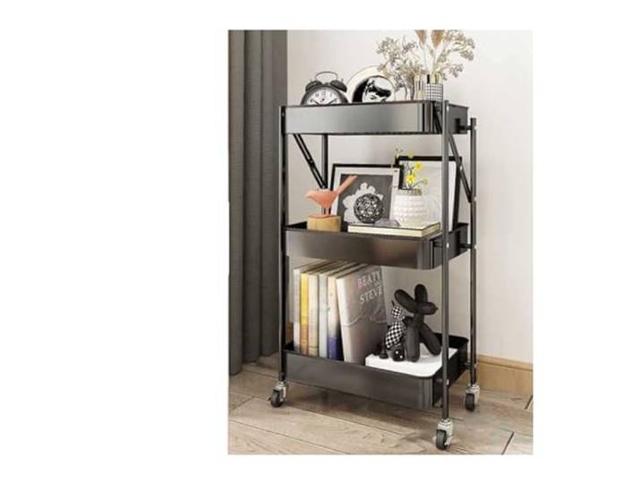 XXAD553TY Essen Beweglicher Klappwagen for die Küche, Lagerregal Mehrschichtiges Bodenlagerregal, Wohnzimmer-Snackregal,(Schwarz)