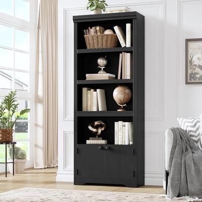Garvee Farmhouse Bookcase with 2 Doors & Adjustable Shelves - Open Display Storage Rack with Anti-Slip Design