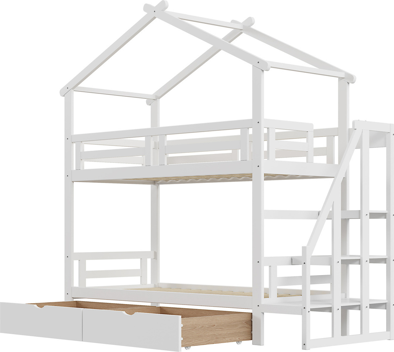 Kinderbett 90*200cm,Etagenbett mit Stauraumleiter,mit Schubladen,Massivholz-Etagenbettgestell,Lattenrost