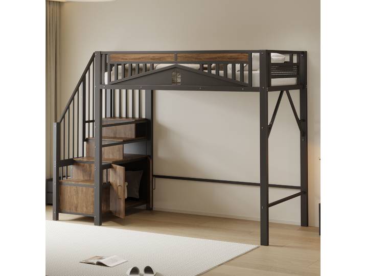 Meubliv Lit Mezzanine 90x200 Cm Noir – Escalier Avec Rangement\, Sans Matelas