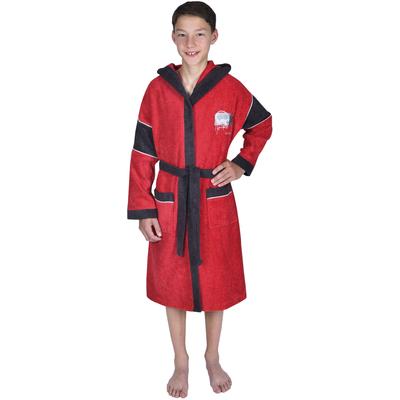 Kinderbademantel WÖRNER "Headphones" Gr. 128, rot, L:80cm, Baumwoll-Webfrottier, Hausmäntel, mit Stickerei, mit Taschen, maschinenwaschbar, trocknergeeignet
