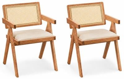 Costway Set of 2 Rattan Accent Chairs with Padded Cushion and Rubber Wood Frame-Beige