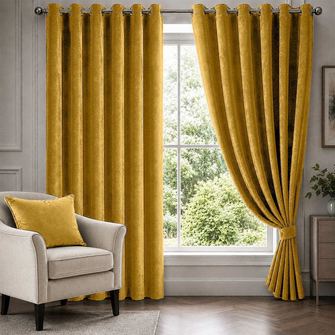 Fairmont Park Ochre Velvet Eyelet Curtains Room Darkening Window Panels Soft Touch Pair Ochre 168 cm X 137 cm
