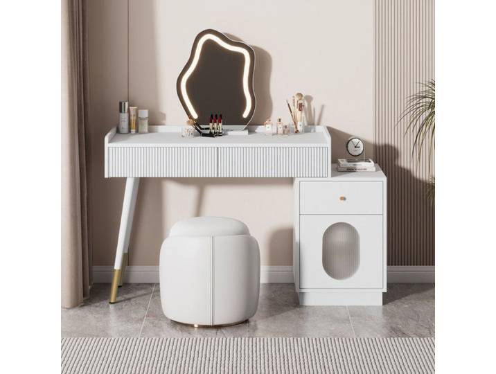 Coiffeuse avec miroir LED et éclairage-coiffeuse blanche-Ensemble Pour Chambre avec trois tiroirs spacieux et une porte 100x75x40cm