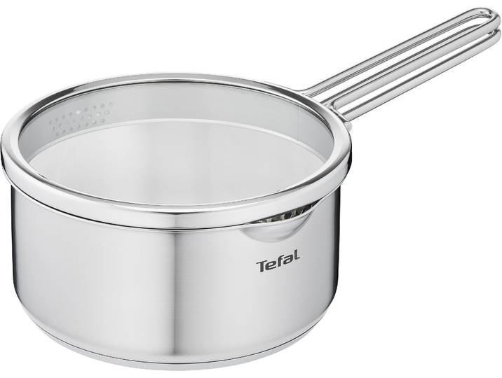 Kasserolle TEFAL Nordica, kleiner Topf Induktion 16 cm , silber (edelstahlfarben), B:18cm H:7,5cm L:33cm Ø:16cm, Töpfe, Kasserolle, Siebdeckel zum sicheren und mühelosen Abgießen, Doppelgriff