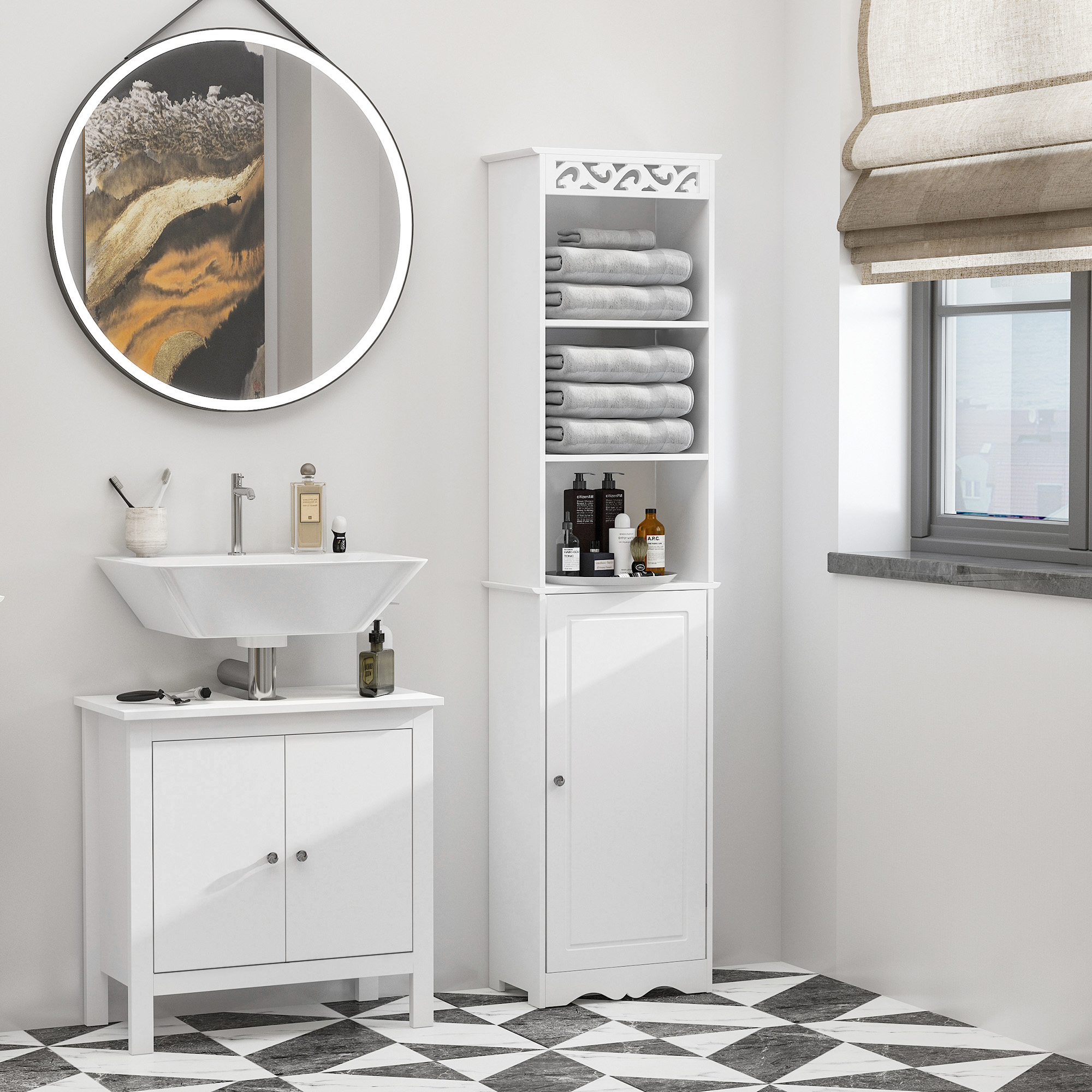 Homcom Mobiletto a Colonna Bagno in Legno con Decoro Intaglio Floreale Bianco 40 x 23 x 160 Aosom Italy Aosom