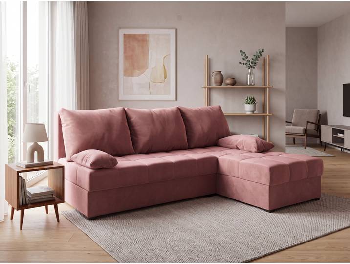 Rosa klappbares Ecksofa ZENA, beidseitig verwendbar
