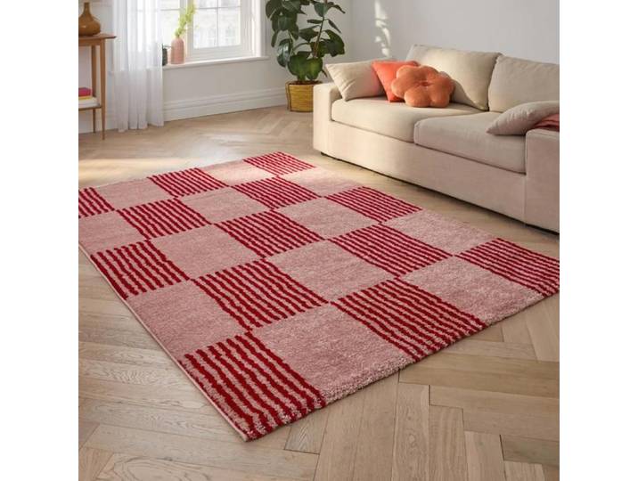 Tapis vintage - NAZAR RUGS - GROOVY - Rouge - 80x150 cm - Motif damier