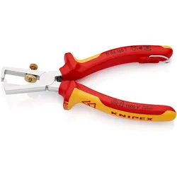 Knipex Abisolierzange mit Befestigungsöse verchromt, isoliert mit Mehrkomponenten-Hüllen, VDE-geprüft; mit integrierter isolierter Befestigungsöse zum Anbringen einer Absturzsicherung 160 mm - 1106160TBK