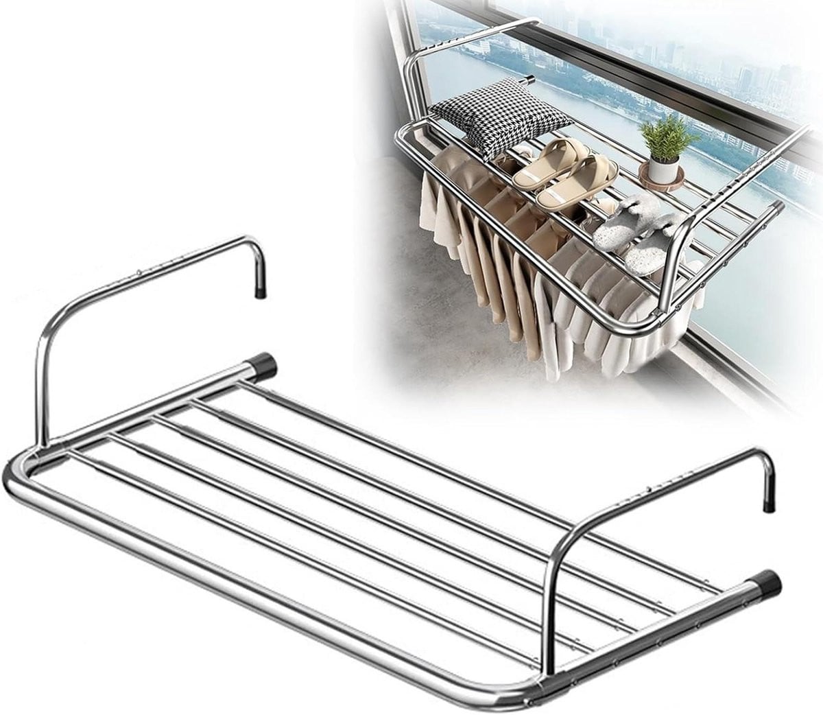 Roestvrijstalen opvouwbaar radiator droogrek en balkon droogrek, uitschuifbaar hangend droogrek voor balkon, badkamer of woonkamer