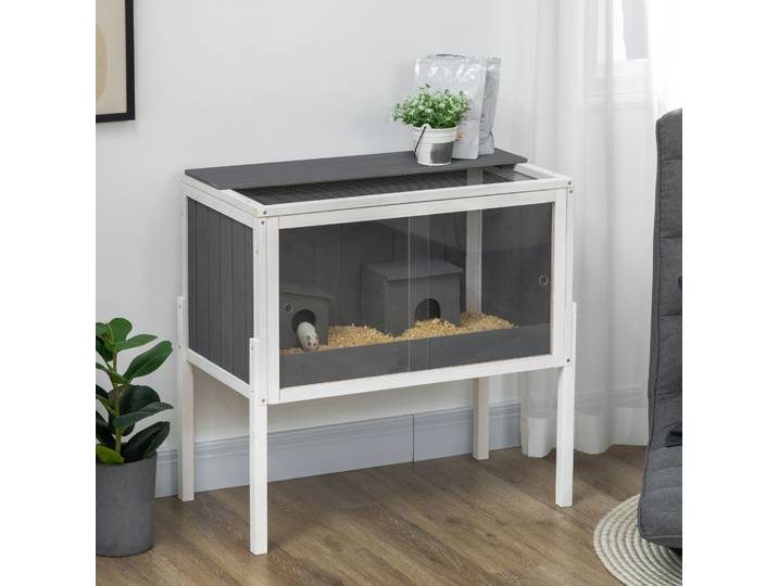 PawHut Cage pour hamster, 3000 cm² cage pour hamster nain en bois et métal, avec 2 cabanes, portes en acrylique, stable, sûr, Gris+Blanc