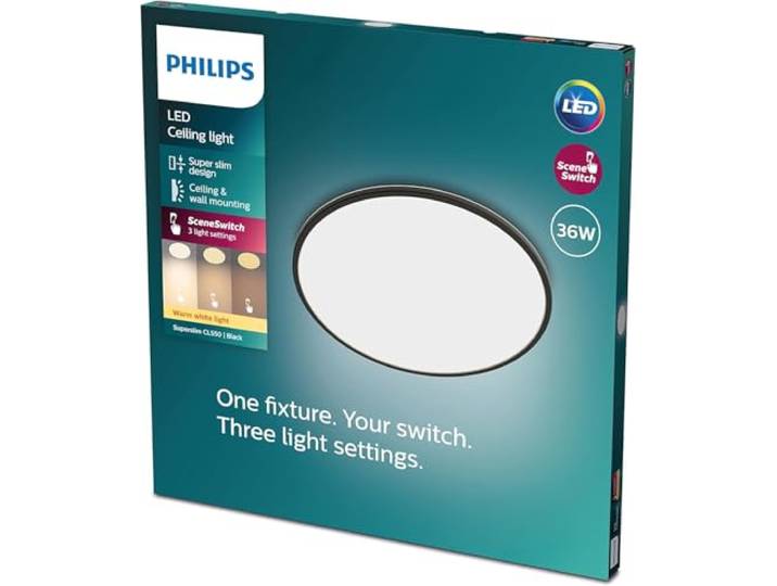 Philips Plafonnier rond à panneau LED SceneSwitch à intensité variable\, 3 ambiances différentes\, 36W. pour l'éclairage intérieur\, le salon et la chambre\, noir