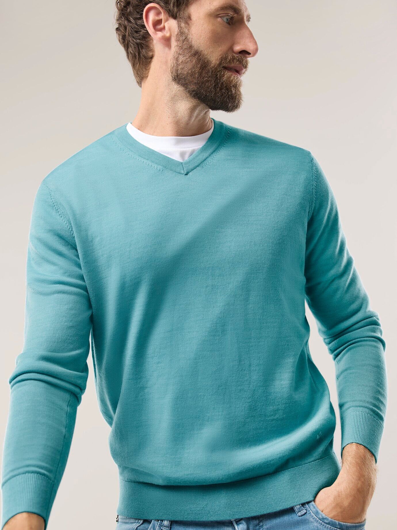 Walbusch V-Pullover Merino Extrafein, , Farbe Grün, 48, reine, extrafeine Merinowolle temperaturausgleichend Herren