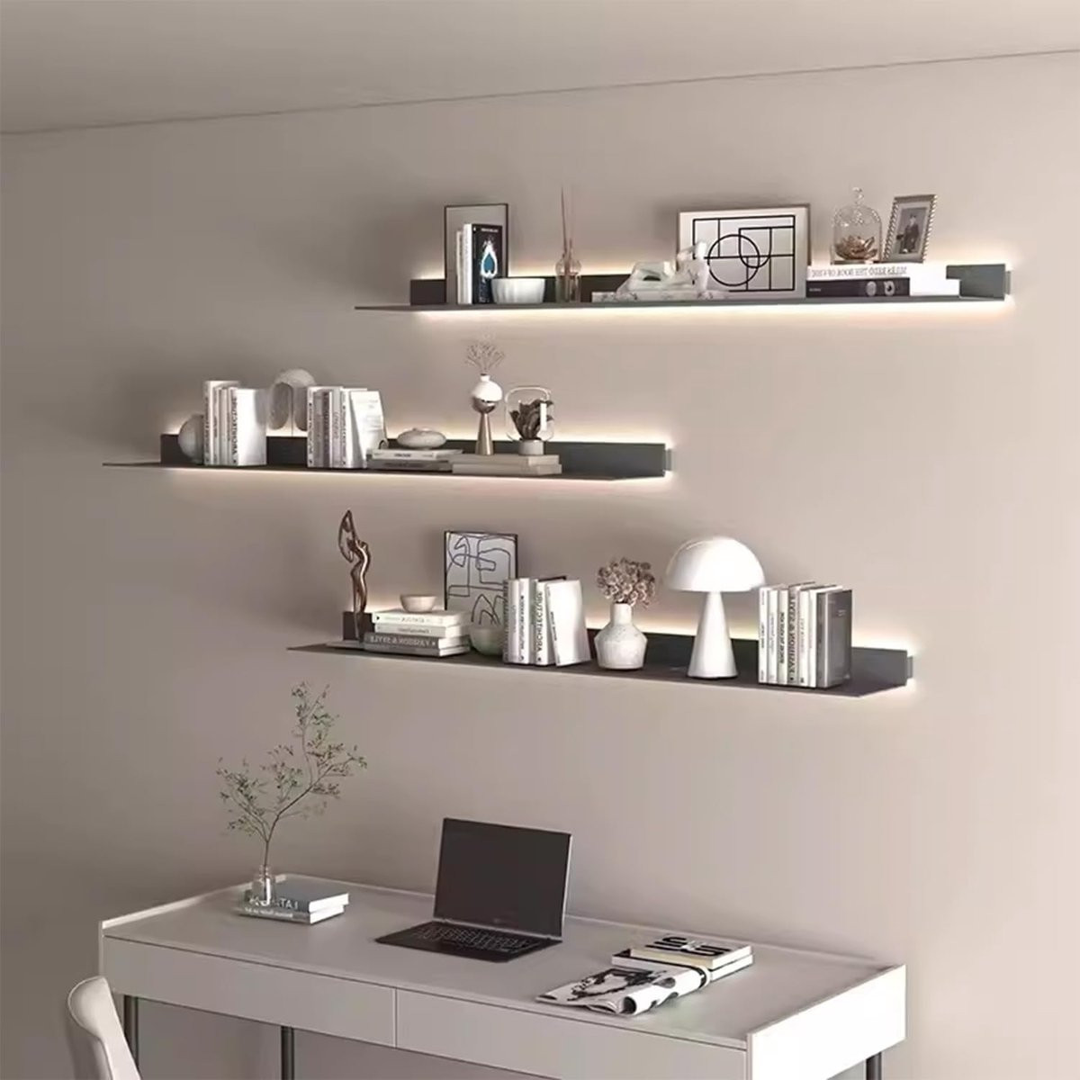 Zwevende wandplank met ingebouwde LED-verlichting, grijs