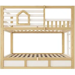 OKWISH Etagenbett Holz Weiß/Eichefarben 210x102x184 cm, 2 Liegeflächen 90x200 cm, Hydraulik-Stauraum, Sicherheitsgeländer