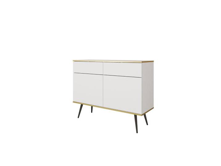 Ravio Kommode Forno (Weiß, Goldene Details, 2 Türen, 2 Schubladen, schwarze Metallfüße), Weiß, Schwarz, Eiche, Rechteckig, 107x85x39 cm, Kleinmöbel, Kommoden, Sideboards