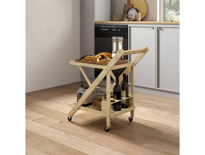 Meuble rangement cuisine pliable chariot de service en bambou 2 niveaux range-bouteilles 3 bouteilles ORVRYN
