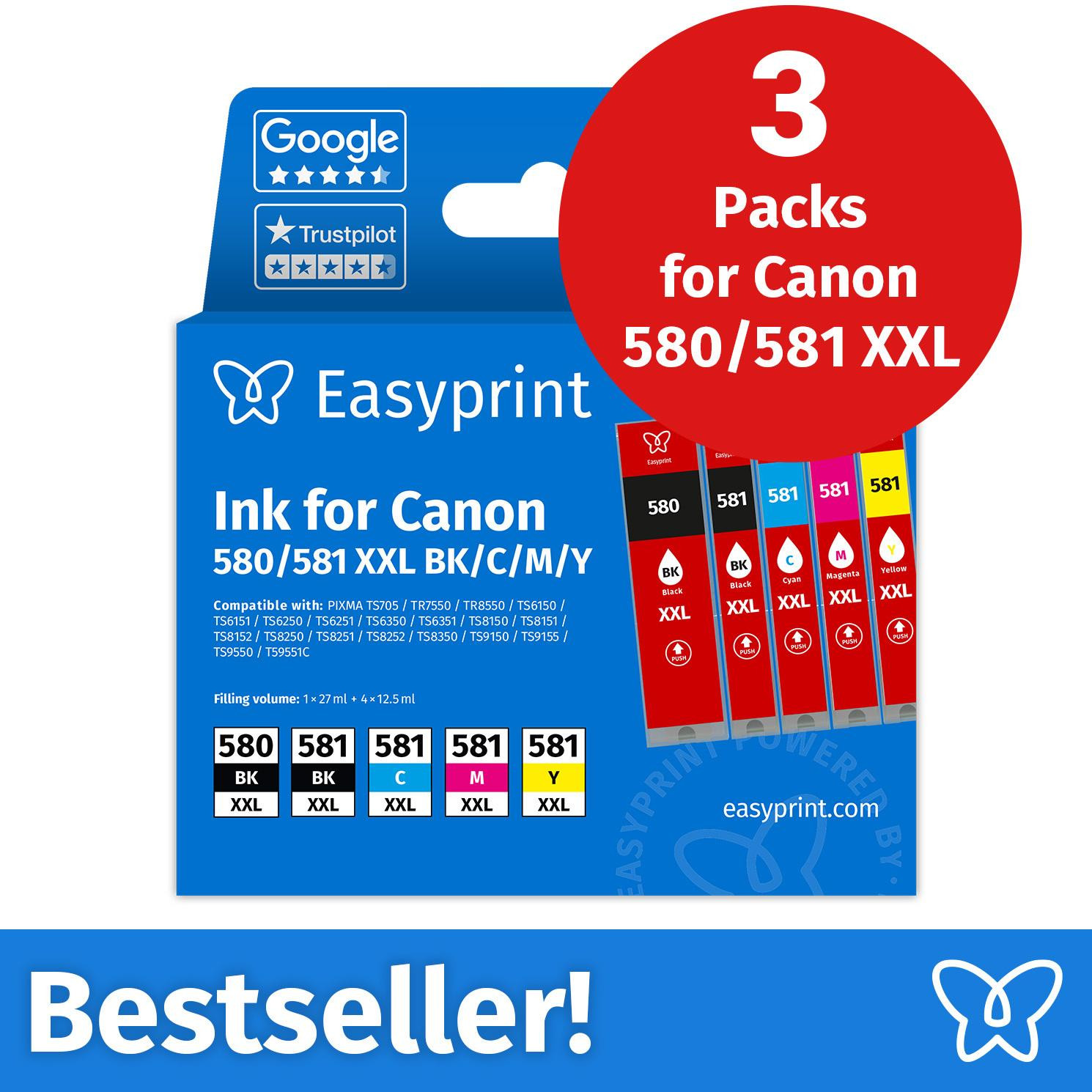 Easyprint Inktcartridges voor Canon 580/581 XXL multipack, 3 stuks (BK/BK/C/M/Y)