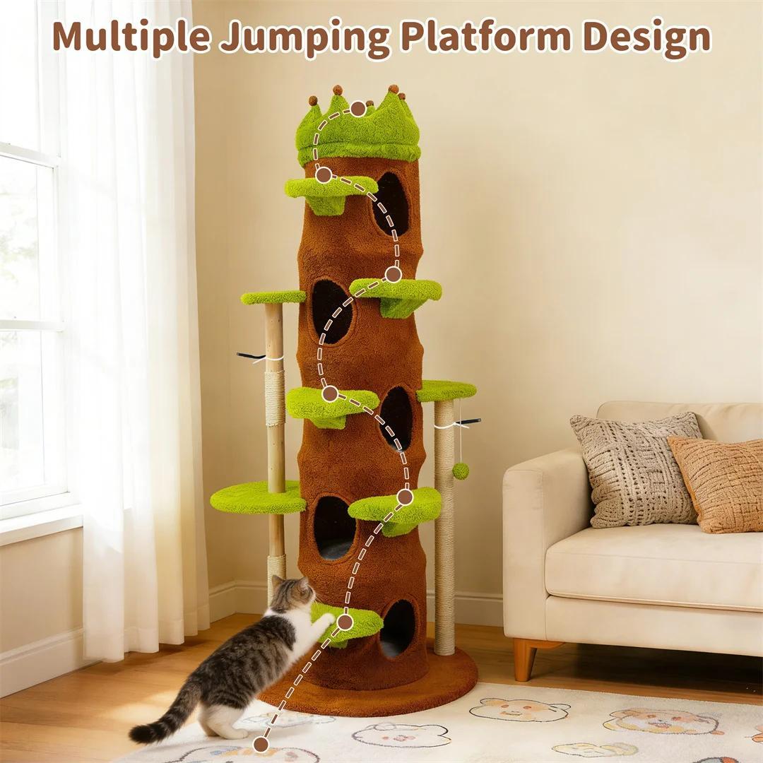 Moderner Kratzbaum Katzenbaum - Indoor Kletterturm - 187 cm Hoch - Mehrstöckig 5 Ebenen - Sisal Kratzsäulen - Kronenplattform - Grün Braun