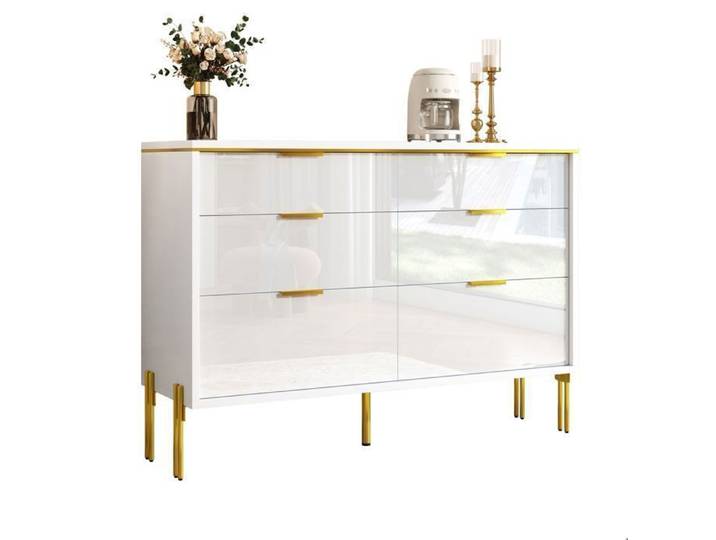Buffet bas - SOGEU - 120x40x85 5cm - 6 tiroirs - Façades brillantes - Pieds métal doré
