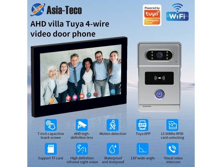 Interphone vidéo Wi-Fi 1080P avec 4 fils, compatible application Tuya, écran tactile 7'', sonnette vidéo, caméra de porte, système de sécurité