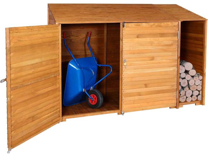 Geräteschuppen HWC-J75, Geräteschrank Gerätehaus, Holz gebeizt MVG-, 180x250x93cm naturfarben