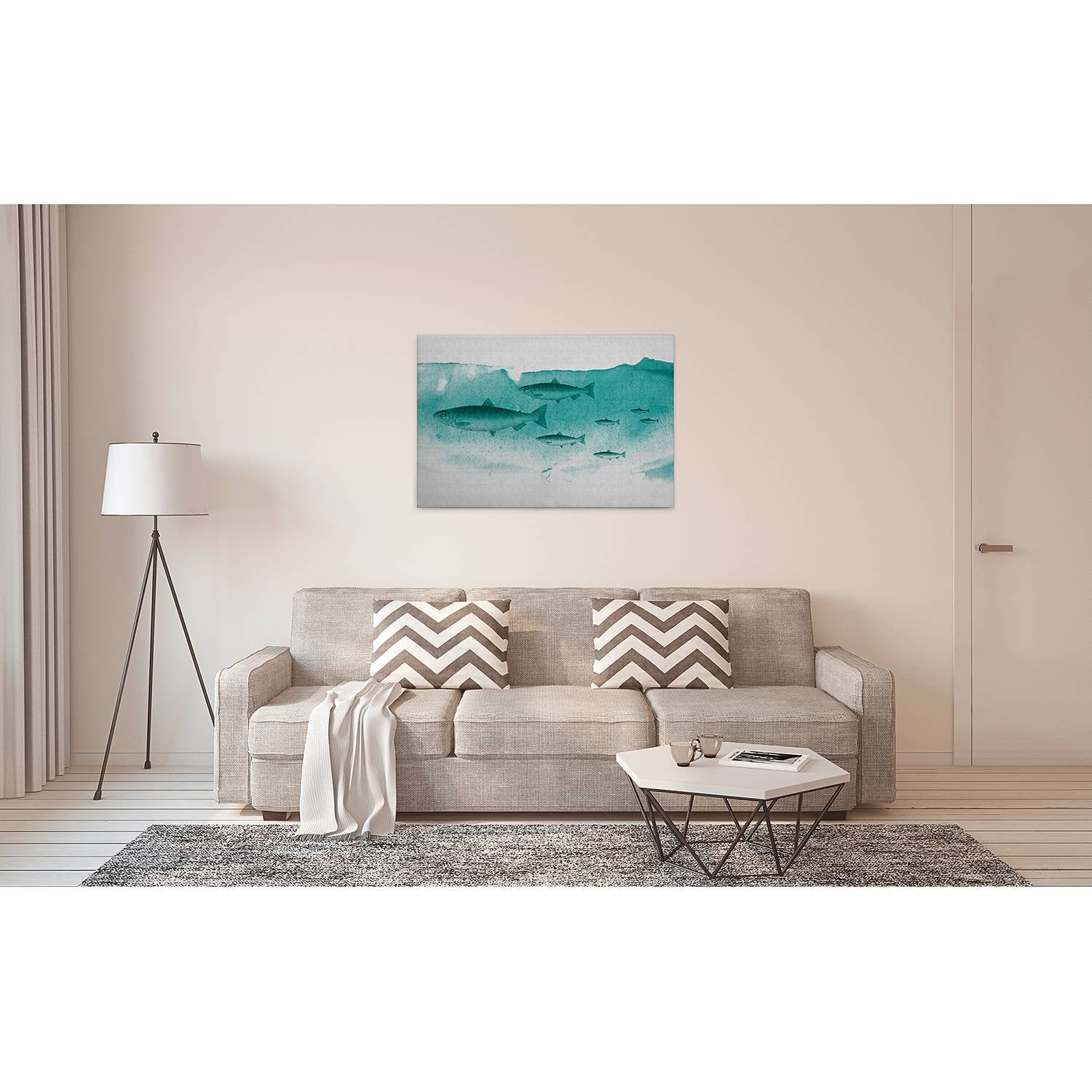 home24 Fishes Into The Blue abstracte wanddecoratie groen/blauw B: 90 cm, H: 60 cm