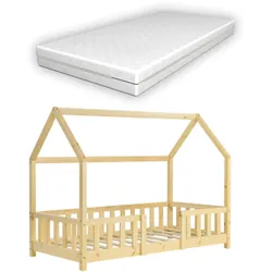 Kinderbett Sisimiut mit Matratze und Rausfallschutz 80x160 cm Natur [en.casa]