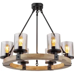 Kronleuchter Esstisch Pendellampe schwarz Holz Schlafzimmerlampe Glas 6-flammig, Metall, 6x E27 Fassungen, DxH 59x98 cm