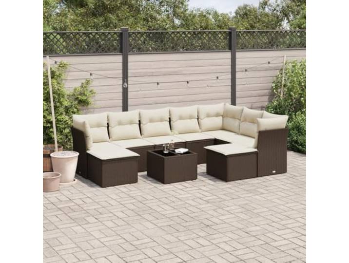 KTHLBRH Gartenmöbel-Set, 10-teilig, Polyrattan, Braun Modular mit Aufbewahrungsbox, Glastisch, waschbare Kissen, für Terrasse