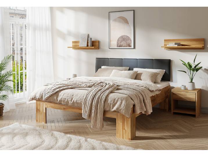 Massivholzbett Rookfield 160 x 200cm Kunstleder Holz/Braun Eiche