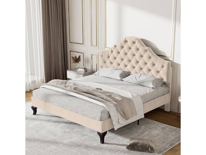 DRIPEX Lit capitonné en tissus velours 140×190cm avec sommier à lattes Lit adulte avec tête de lit réglable en hauteur Beige