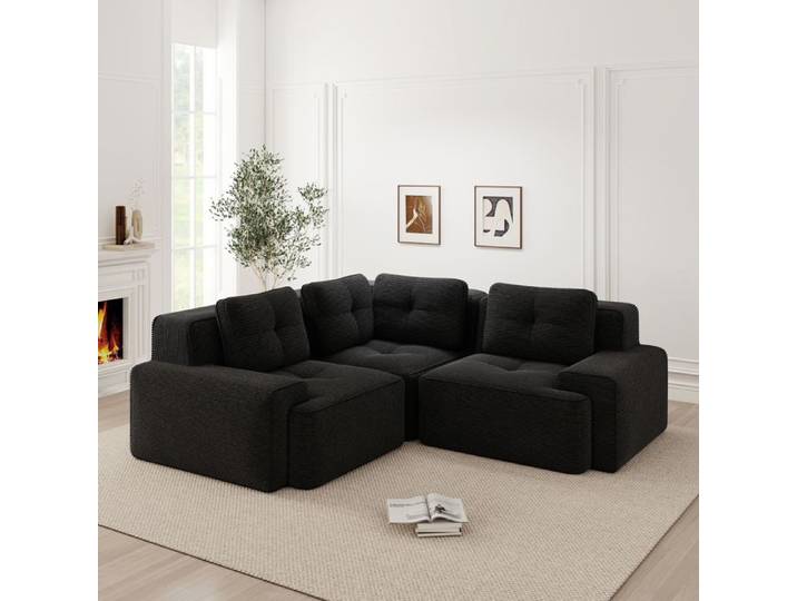 Canapé compressé modulable assise profonde en velours côtelé noir 206 x 206 cm