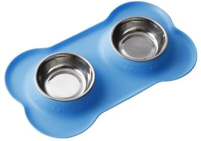 Youfap Market Double Dog Bowl Stainless Steel Pet Feeding Station With Non Slip Silicone Mat blue l