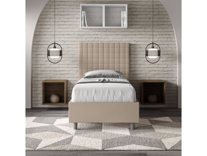 Lit 1 place Sunny - SUNNY - 80x190 cm - Taupe - Tête de lit à motif - Design contemporain