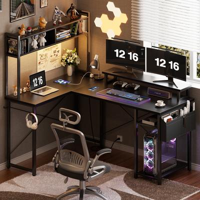 Rackcog Farmhouse L-shaped Corner Desk with Charging Station, Gaming Table with Hutch and LED Light