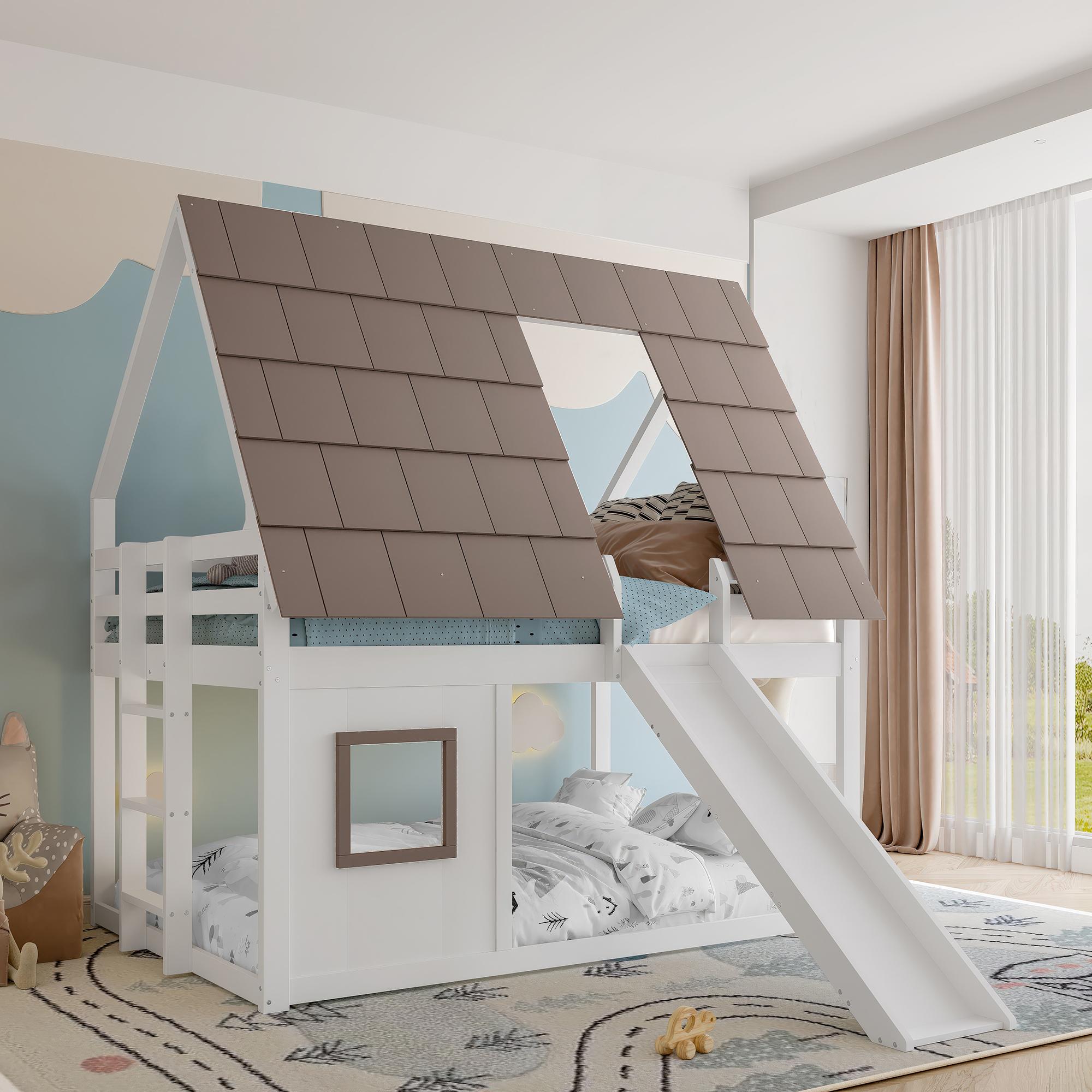 Holzhaus-Etagenbett 140x200, Dach, Leiter, Rutsche
