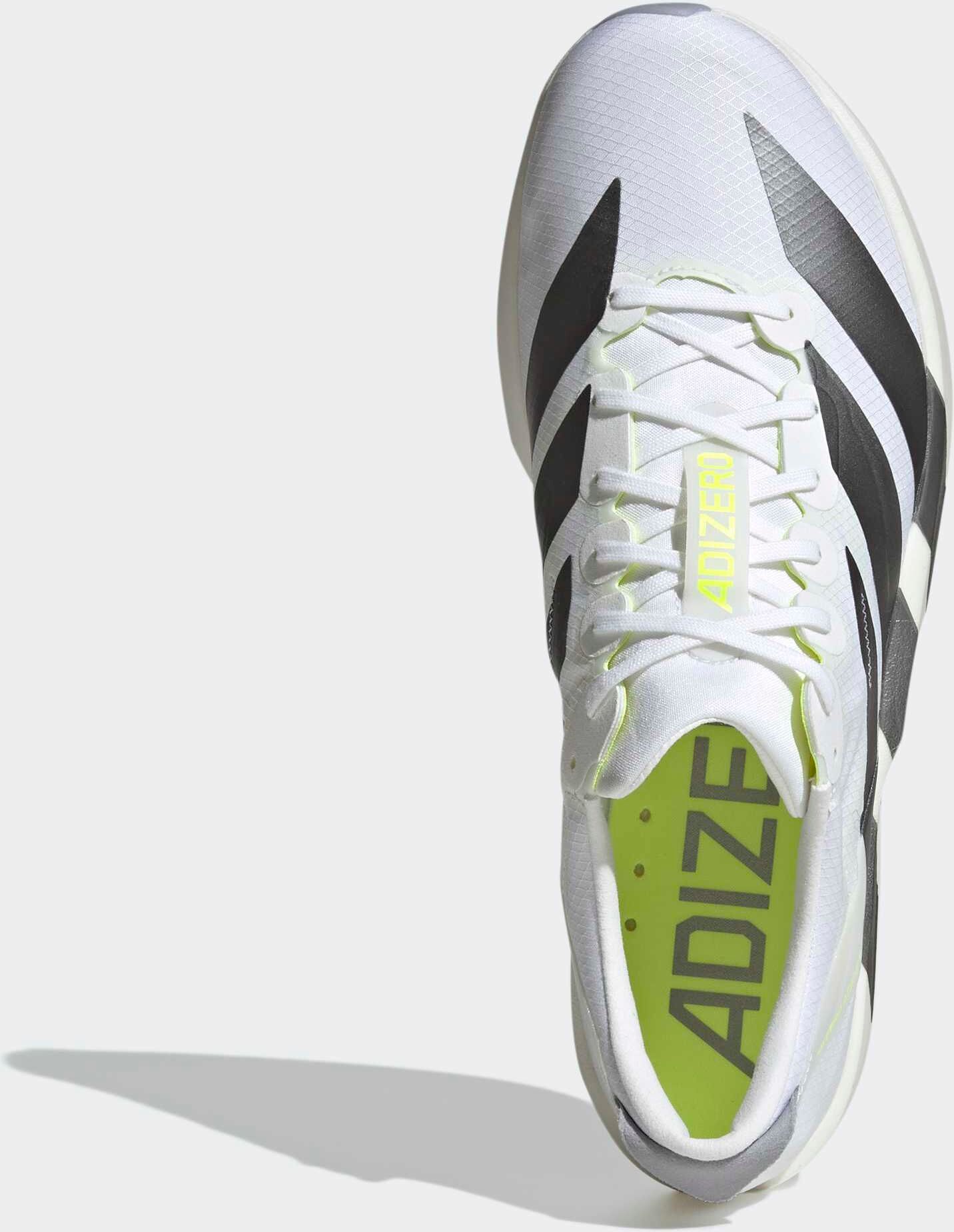 Laufschuh ADIDAS PERFORMANCE "ADIZERO ADIOS 9", Herren, Gr. 44, schwarz-weiss (cloud weiß, iron metallic, solar gelb), Synthetik, Textil, Schuhe Laufschuh, niedrig aufgebauter, leichter Schuh cloud weiß, iron metallic, solar gelb 44