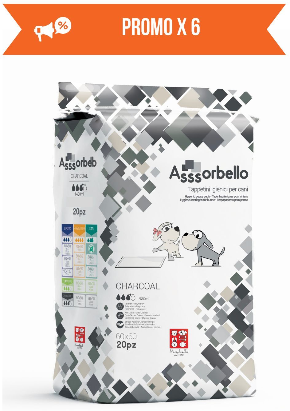 Ferribiella Tappetini Igienici per Cani ai Carboni Attivi 60 x 60 cm