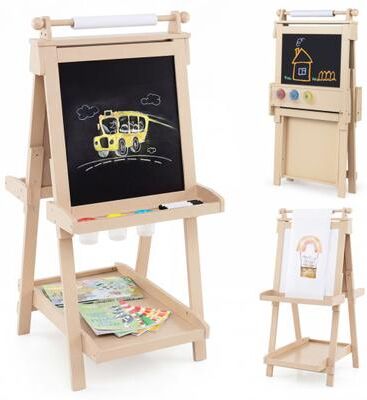 Costway 3-in-1 Double-sided Art Easel with Chalkboard and Magnetic Whiteboard-Natrual