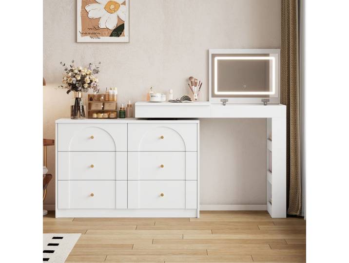 Coiffeuse avec miroir LED - Disposition pivotante - Éclairage LED tricolore - Dimensions 105x40x80 cm