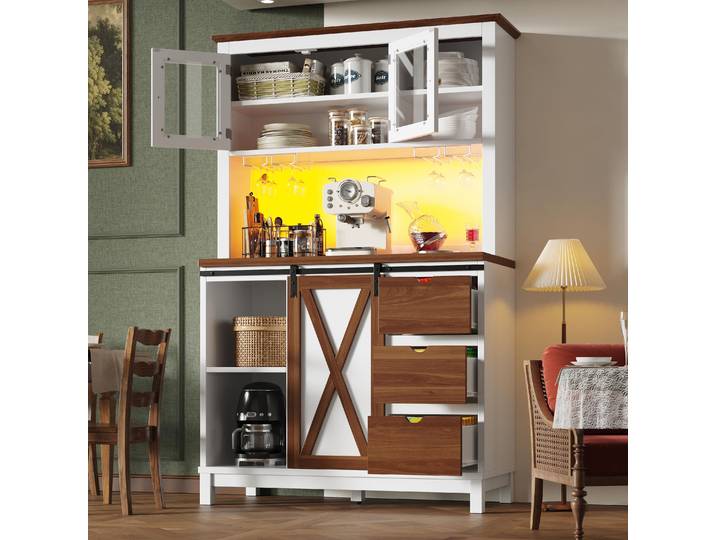 STILVORA Hochschrank Weiß mit LED-Beleuchtung und App-Steuerung, Küchenschrank mit Schublade, Sideboard mit Schiebetür und 3 Schubladen