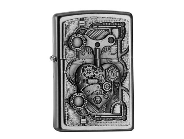 Zippo Stormaansteker - Steampunk Heart, satijn-chroom, embleem - Navulbaar - Herbruikbaar - Windbestendig design - Geschenkdoos - Made in USA